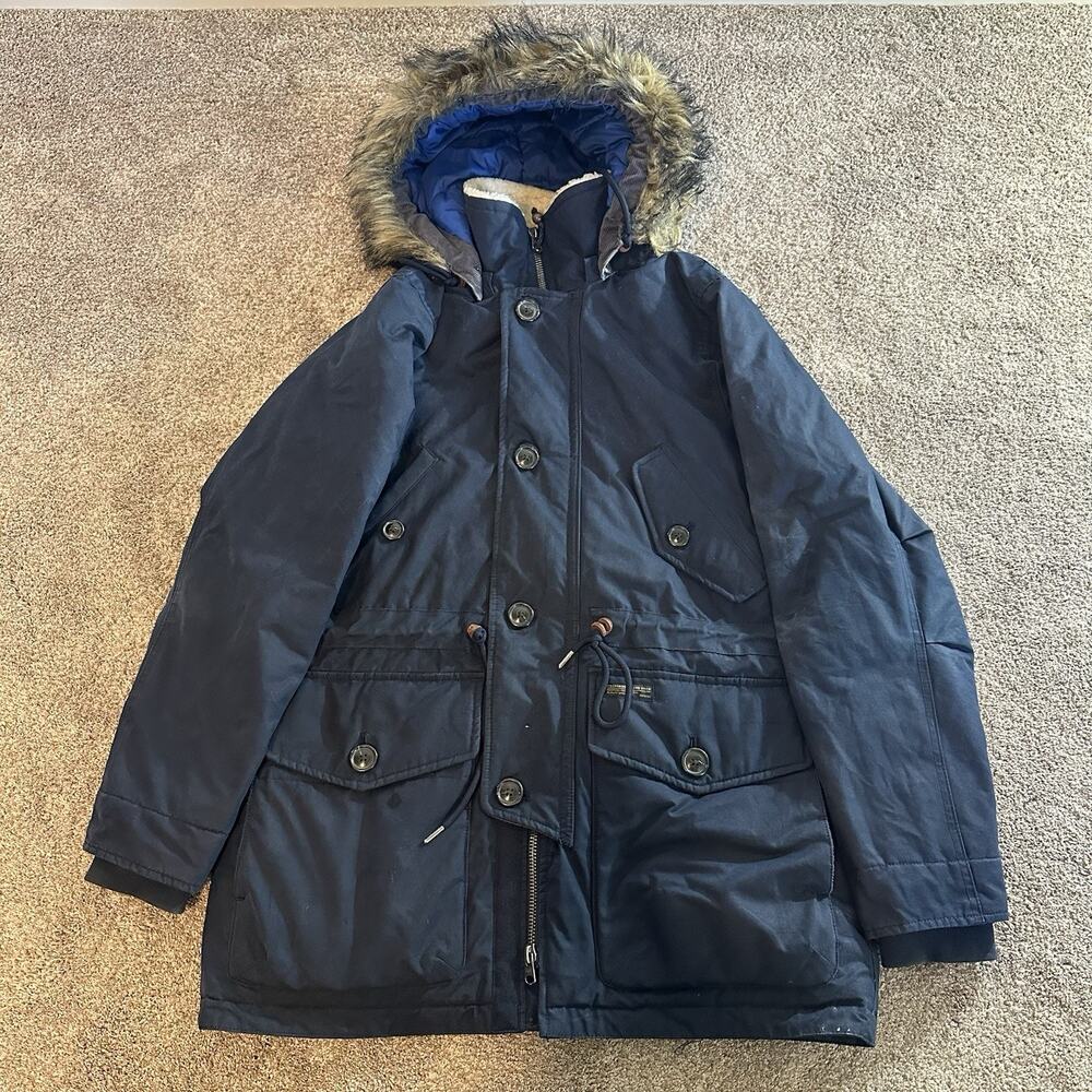 Abercrombie & Fitch Ultra Parka Down Jacket Blue Mens Medium Faux Fur Hooded